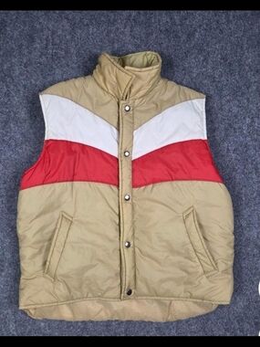Vintage SIGALLOMen's Quilted Puffer Vest in Tan with Red & White Chevron Accents